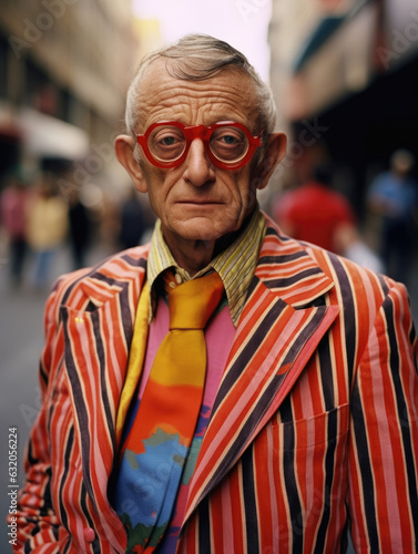 A bespectacled man wearing a vibrant striped blazer stands on a busy sidewalk. His air of confidence and conviction speaks to his
