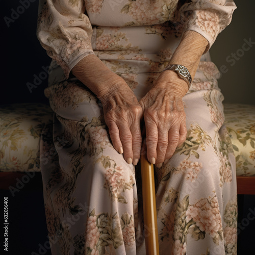 An elderly woman hunches over a cane in one hand while she rubs her aching lower back with the other. © Justlight