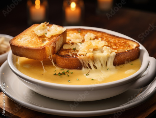 A bowl of warm creamy onion soup dotted with crunchy croutons and topped with melted Gruyere cheese complete with a hot flaky grilled