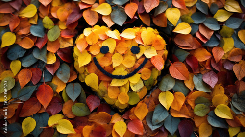A smiley face inside a heart made from multicolored leaves to ilrate the warmth and joy one experiences when expressing an earnest
