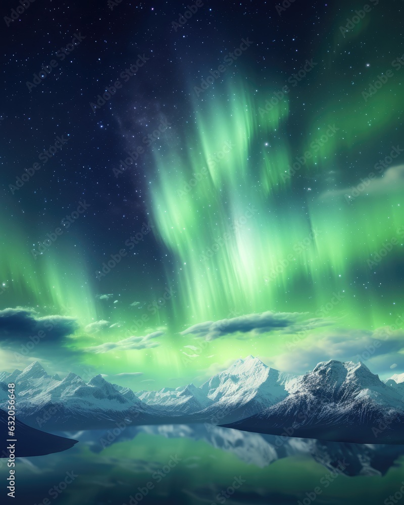 the aurora borealis in the background with glaciers and snow, in the style of highly imaginative worlds, dark sky-blue and green, weathercore