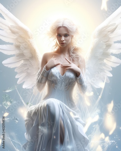 beautiful angel in white dress with wings, in the style of daz3d, sam spratt, airbrush art, lisa parker, album covers, light gold and light azure, dark and brooding designer photo