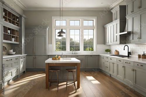 Kitchen with double sash windows and tall ceilings