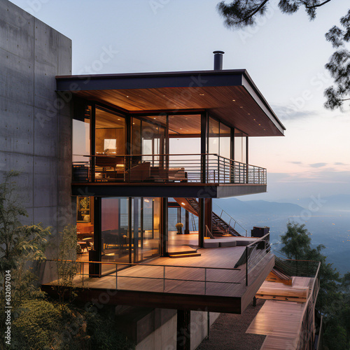 modern house with wood and concrete with balcony on top of mountain in northern Thailand