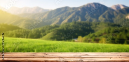 wooden table top on blurred mountain landscape background, display or montage your products © id512