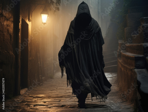 A faceless messenger wrapped in a dark cloak a single lamp in their hand casting a dismal light on an old cobblestone path leading