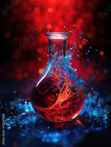 A glass where every drop of liquid is filled with bright red stressinducing arrows with a few droplets of blue calming peace symbols