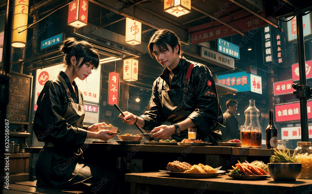 Japanese couple. Couple preparing delicious food in japan street restaurant. Beautiful asian girl and handsome man in aprons cooking. Japanese street restaurants.