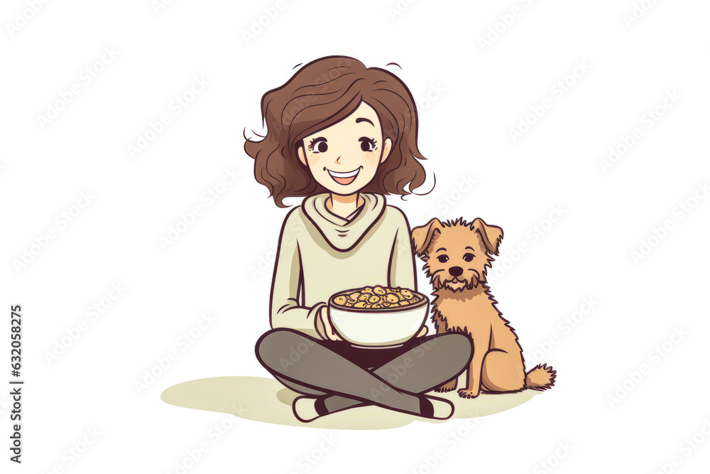 Adorable cartoon-style depiction of a young woman sharing food with her loyal dog, set against a clear white background. Captures heartwarming moments. Generative AI Adorable cartoon-style depiction of a young woman sharing food with her loyal dog, set against a clear white background. Captures heartwarming moments. Generative AI