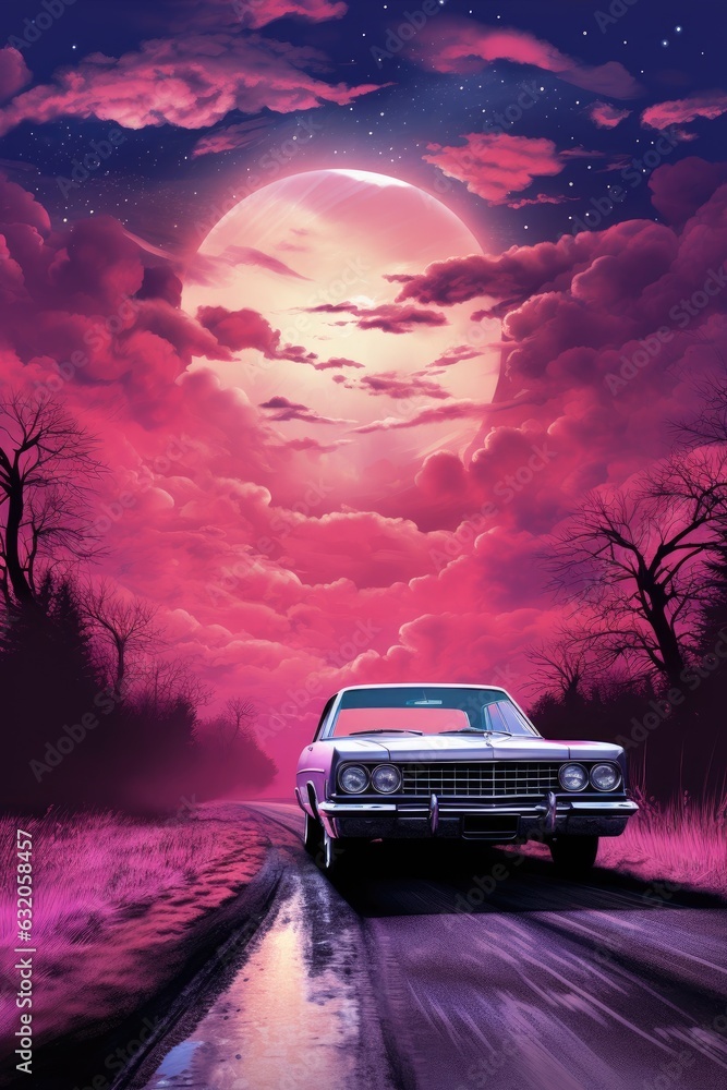 car on the road at night with a full moon and red cloud