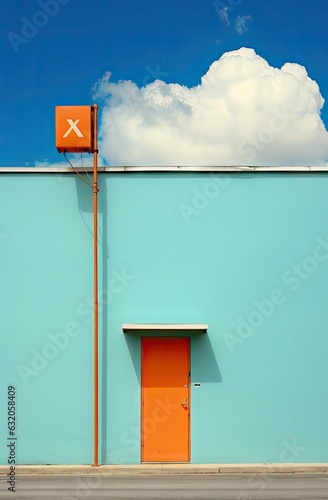 orange sign on the blue wall with an orange door