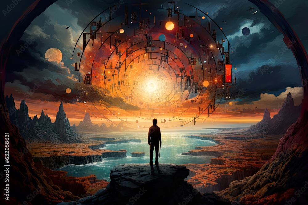 Fototapeta premium illustration of sunrise over the desert with abstract elements
