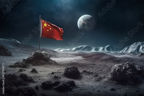 Historic Chinese flag waving in lunar breeze, signifying China's triumphant conquest of the Moon. Symbolism and emotion emanate from this striking lunar landscape. Generative AI