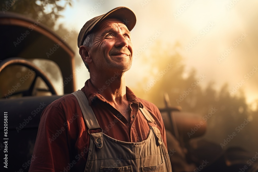 male farmer on the background of the farm in the rays of the sun. cultivation of eco products. generative ai. male farmer on the background of the farm in the rays of the sun. cultivation of eco products. generative ai.