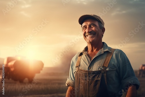 male farmer on the background of the farm in the rays of the sun. cultivation of eco products. generative ai.