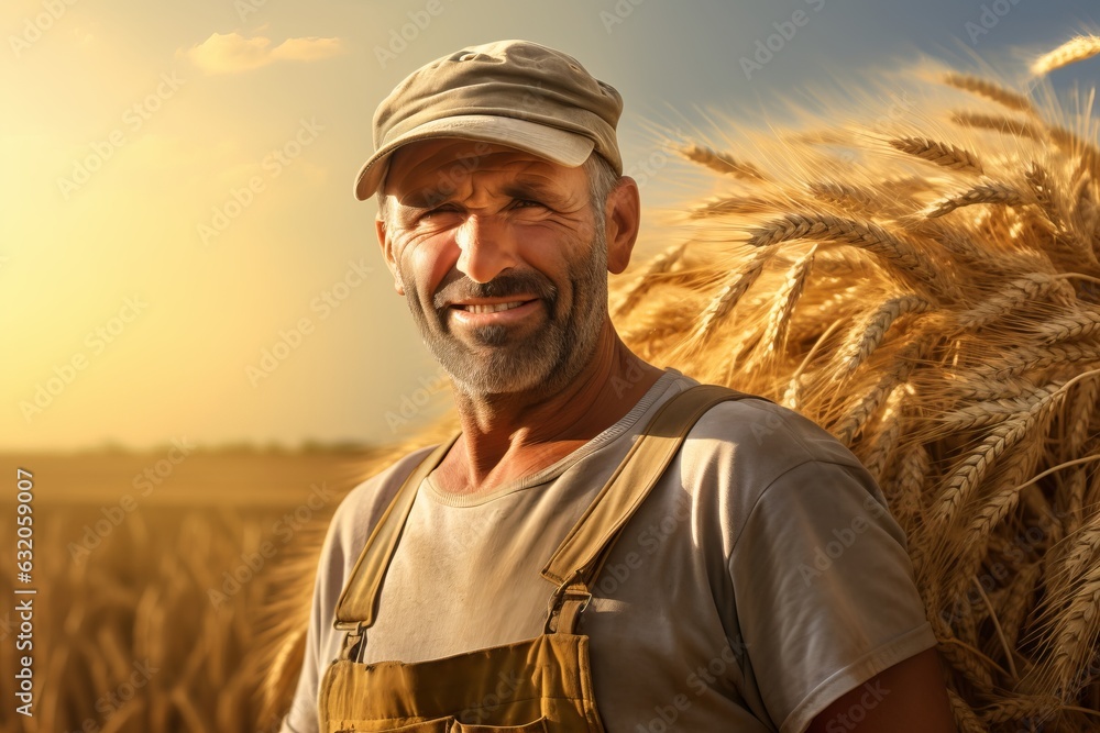male farmer near golden wheat. growing eco products. generative ai. male farmer near golden wheat. growing eco products. generative ai.