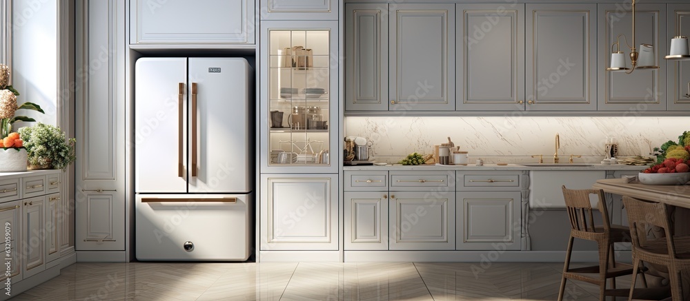 The kitchen interior is a small, white, cozy, and comfortable contemporary classic design. The electric oven door is open. The kitchen interior is a small, white, cozy, and comfortable contemporary classic design. The electric oven door is open.
