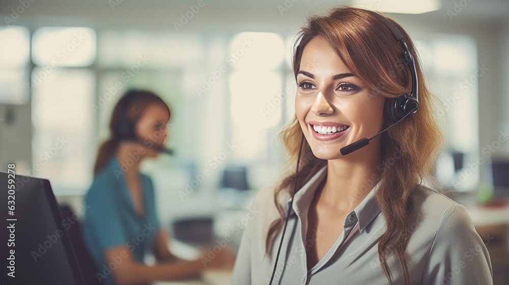 Fototapeta premium Happy and helpful customer service representative taking online call. Online Customer service 