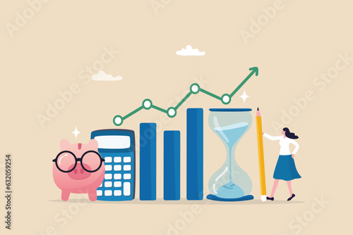 Financial planning, investment or wealth management, savings money or income and salary, budgeting plan for spending, debt and tax concept, woman planning for her savings with piggy bank growth chart.
