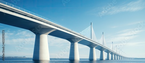 A photo of a bridge taken from a low angle with a blue sky in the background. represents civil engineering.