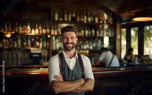 Smiling and happy bartender in front of the bar