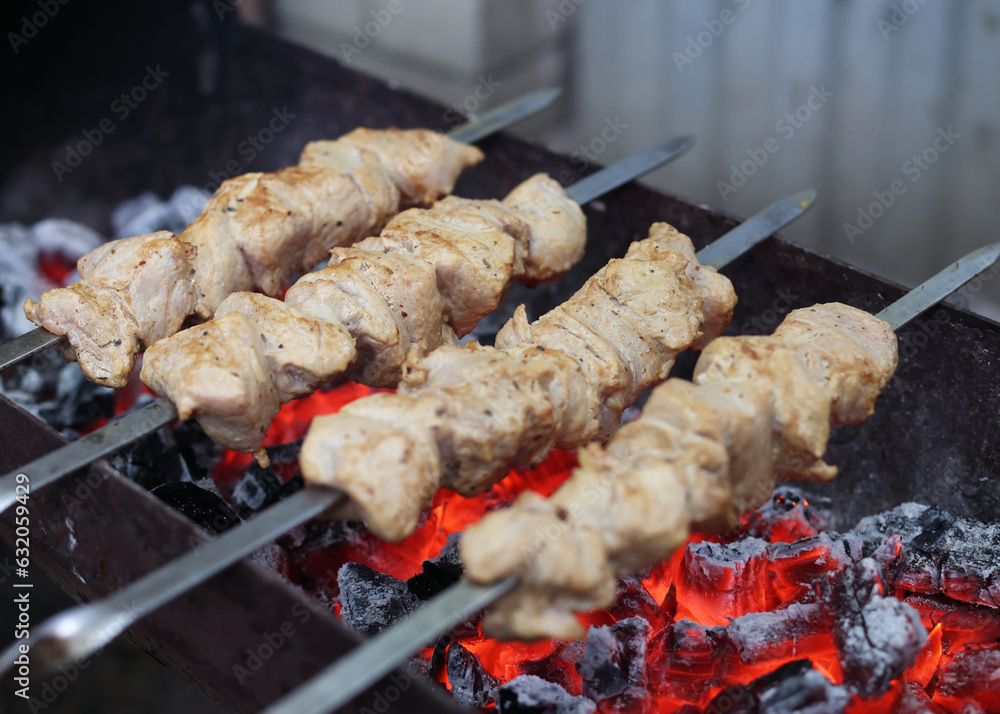 Delicious juicy shish kebab. pork on fire. food on fire. barbecue in the yard. Georgian kebab. meat hot tasty dish. fried meat, juicy pork. cooking on a campfire. Georgian cuisine. meat on a skewer