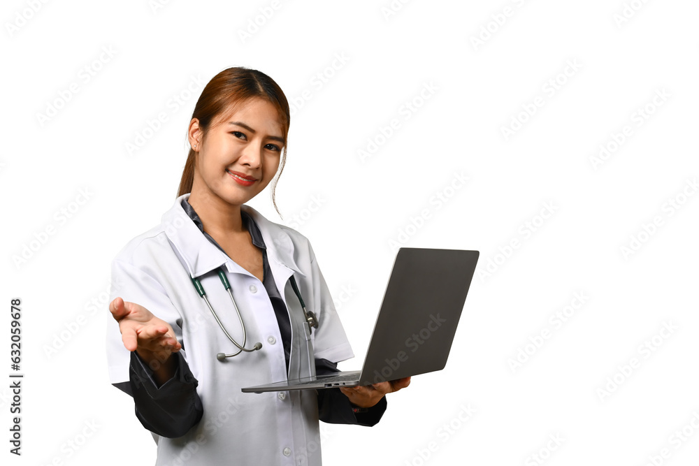 Smiling female doctor holding laptop isolated on white background. Medicine, technology and health care Smiling female doctor holding laptop isolated on white background. Medicine, technology and health care