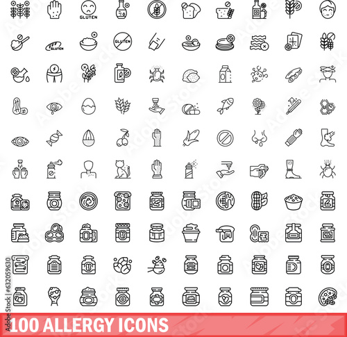 100 allergy icons set. Outline illustration of 100 allergy icons vector set isolated on white background