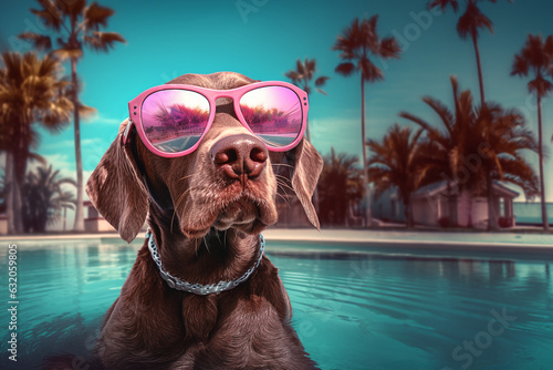 dog in sunglasses on holiday at the pool
 photo