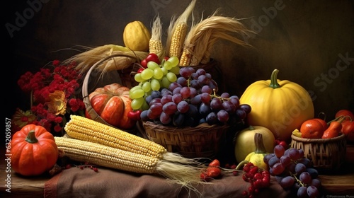 Autumn harvest. Autumn festival. Autumn vegetables and flowers. Harvest and garden decoration. Autumn fruits and pumpkins with fallen leaves on rustic background.