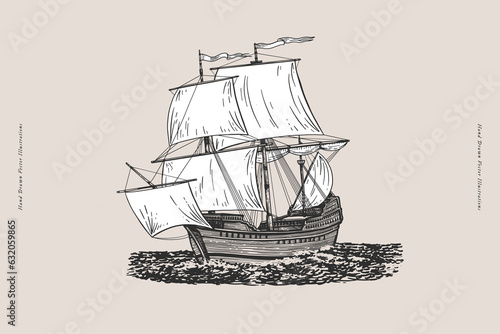 Old ship with white sails. Sailboat is sailing on the sea. Old-time frigate is a symbol of adventure and treasure hunting. Vector illustration in engraving style.