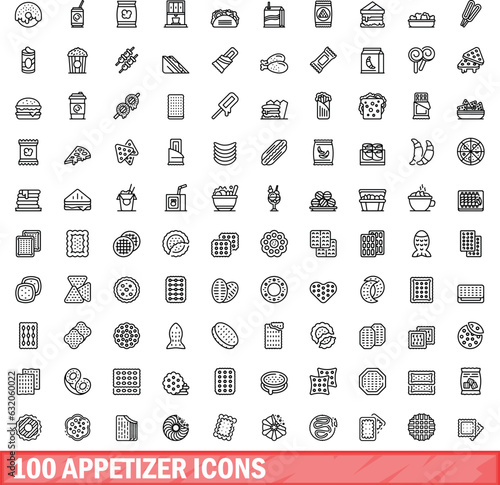 100 appetizer icons set. Outline illustration of 100 appetizer icons vector set isolated on white background