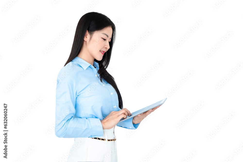 Asian businesswoman smiling and holding digital tablet standing on white background. Happy business woman using tablet on copy space light background. Business,finance, employment,female successful.. Asian businesswoman smiling and holding digital tablet standing on white background. Happy business woman using tablet on copy space light background. Business,finance, employment,female successful..