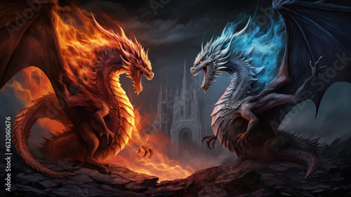 red and blue dragon burn and cold