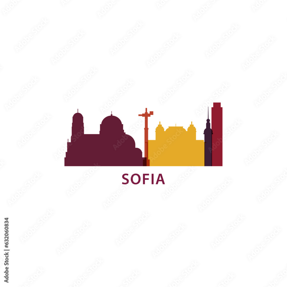 Bulgaria Sofia cityscape skyline capital city panorama vector flat modern logo icon. South Europe region emblem idea with landmarks and building silhouettes