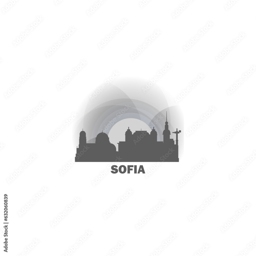Bulgaria Sofia cityscape skyline capital city panorama vector flat modern logo icon. South Europe region emblem idea with landmarks and building silhouettes at sunset sunrise