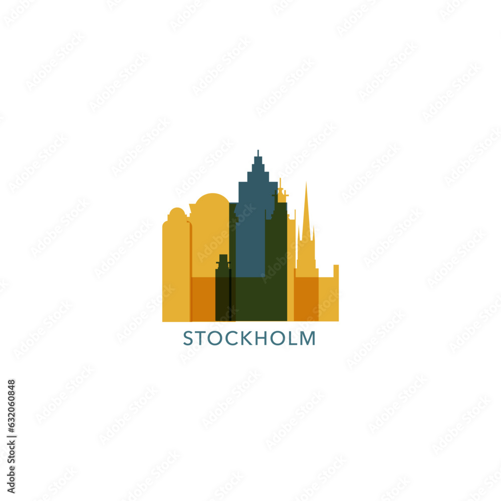 Sweden Stockholm cityscape skyline capital city panorama vector flat modern logo icon. Nordic Europe Scandinavia region emblem idea with landmarks and building silhouettes