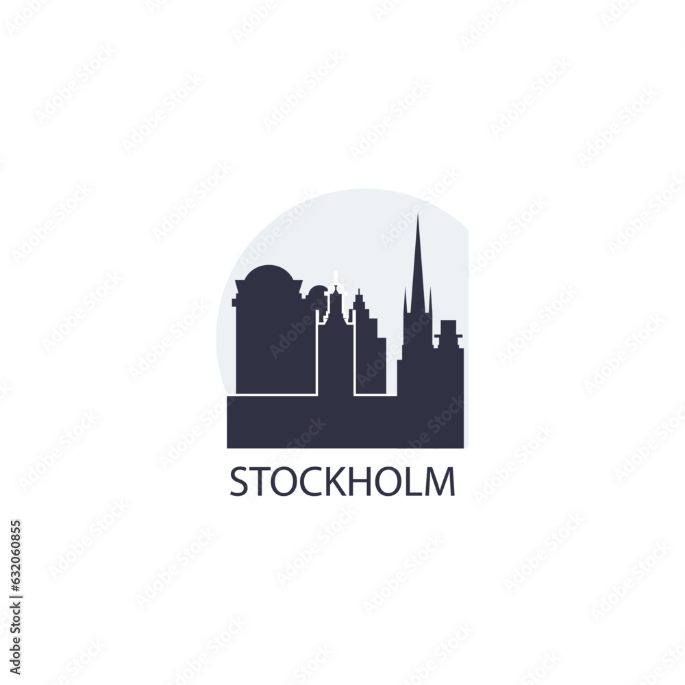 Sweden Stockholm cityscape skyline capital city panorama vector flat modern logo icon. Nordic Europe Scandinavia region emblem idea with landmarks and building silhouettes at sunrise sunset