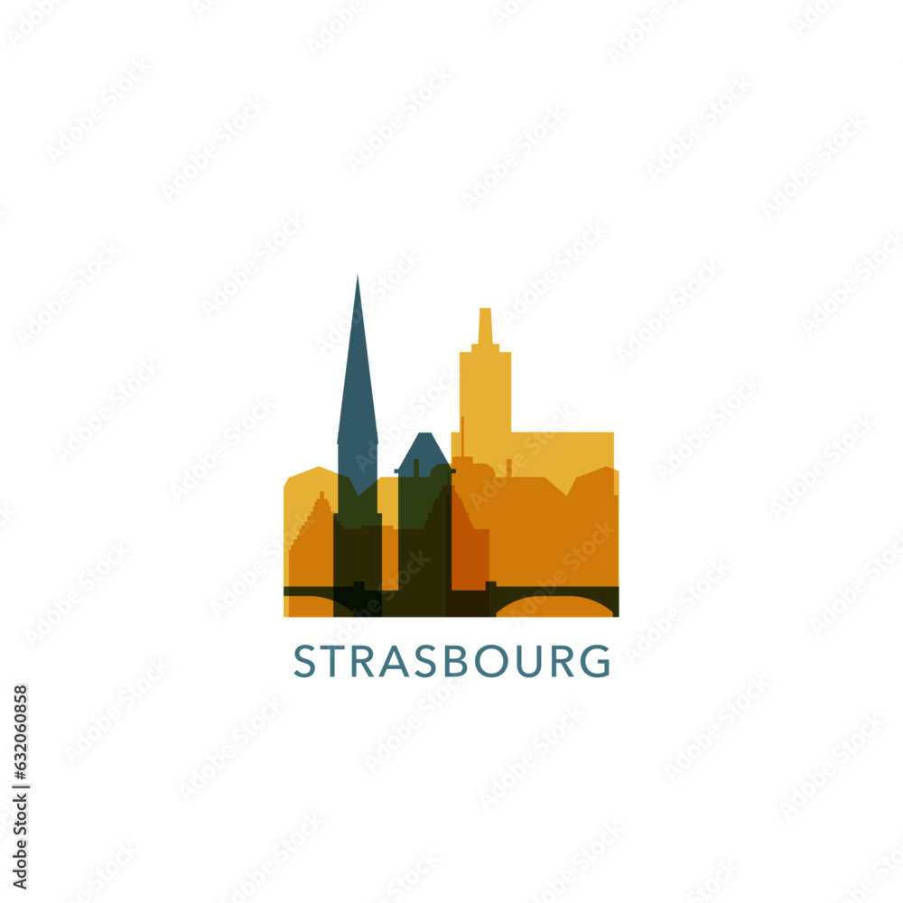 France Strasbourg city cityscape skyline capital panorama vector flat modern logo icon. Alsace town emblem idea with landmarks and building silhouettes
