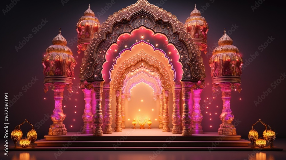 grand and ornate entrance adorned with colorful lights for Diwali festivities - obrazy, fototapety, plakaty 