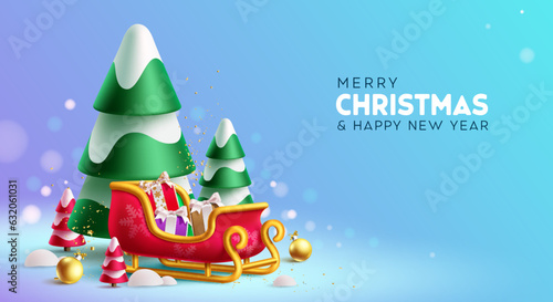 Merry christmas text vector design. Christmas seasonal holiday greeting card with sleigh, pine tree and gifts elements in winter snow background. Vector illustration xmas season in blue background. 
