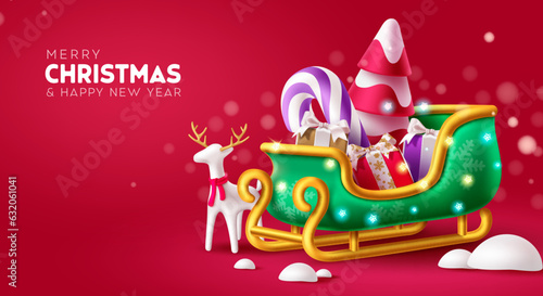Christmas sleigh vector design. Merry christmas and happy new year greeting text with sleigh, gift boxes and pine tree ornaments and elements. Vector illustration for holiday season background.