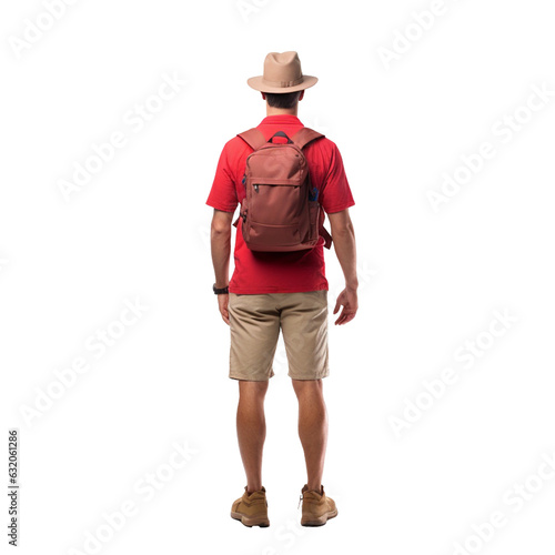 Back view of standing tourist in red shirt isolated on white background. Created with Generative AI technology