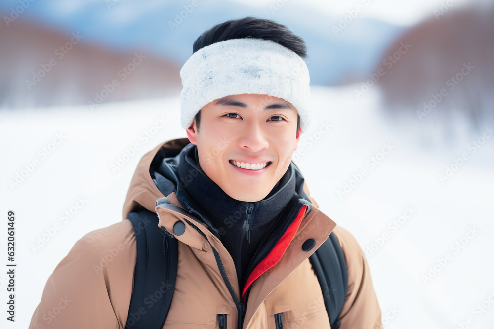 Φωτογραφία Portrait of an Asian person in the mountains in winter