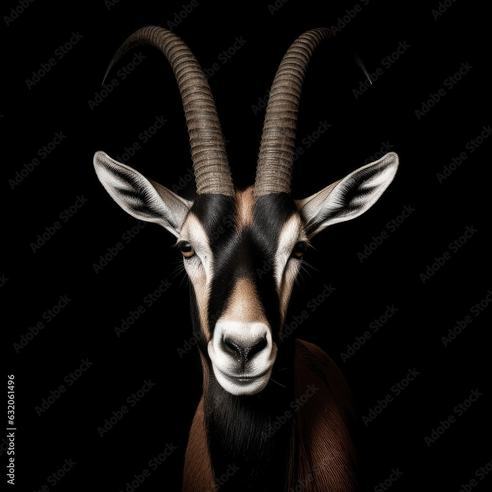 sable antelope - frontal studio portrait on black background created using generative AI tools