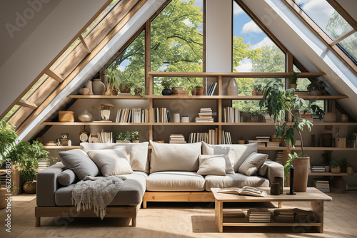Fotografiet Corner sofa against shelving unit, scandinavian home interior design of modern living room in attic in farmhouse