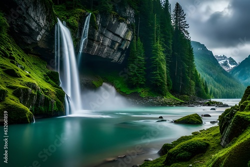 A beautiful majestic waterfall cascading down a lush green mountainside beautiful background, wallpaper and landscpae in ultra Hd Quality 