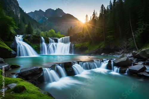 A beautiful majestic waterfall cascading down a lush green mountainside beautiful background  wallpaper and landscpae in ultra Hd Quality 
