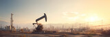 An Oil pump, oil refinery in the background. Saudi Arabia, wide format panorama background.