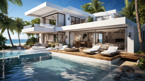 Exterior white modern villa and swimming pool on the beach and sea view.beautiful summer landscape with blue sky background. Generative Ai